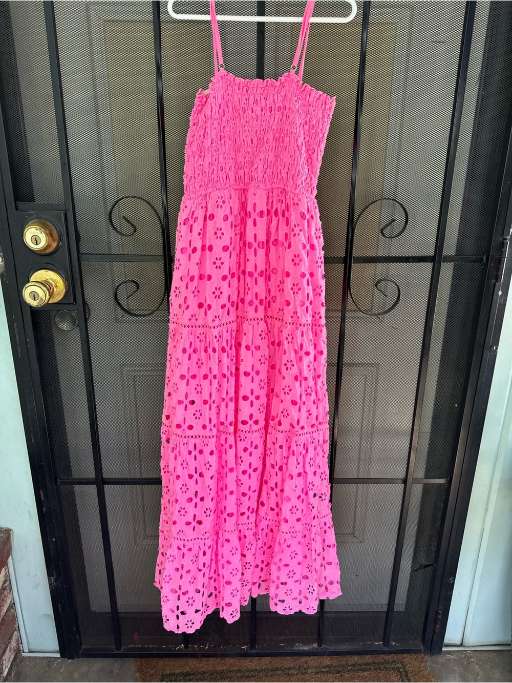 FLOWERS BY ZOE maxi dress in pink coral hot pink eyelet smocked size L - Picture 10 of 10